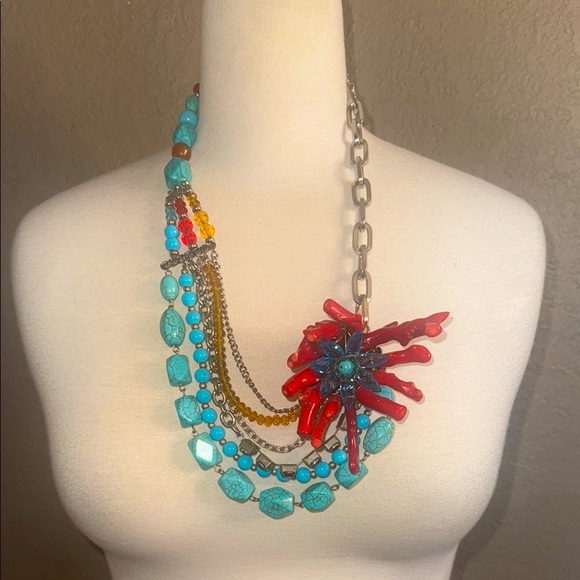 Branch Coral Crystal Faux Turquoise Multistrand Handmade Statement Necklace Set - Picture 2 of 14